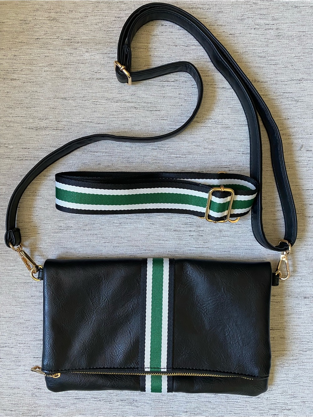 Aspen Lane Black Foldover Crossbody Bag 2 Adjustable Straps Green Stripe EUC